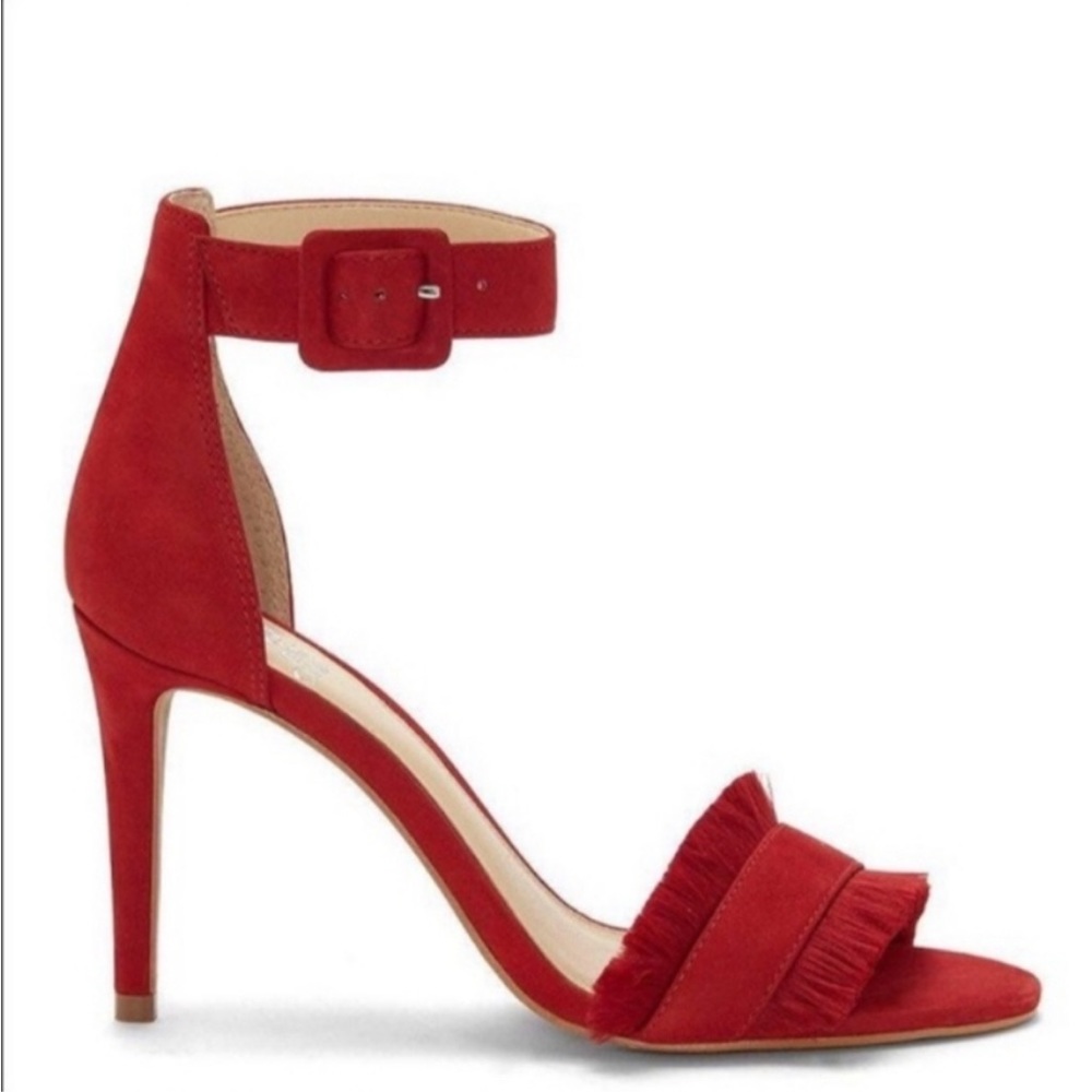 Vince Camuto Red Joshina Fringed Buckle Open Toe High Heels - Picture 2 of 11